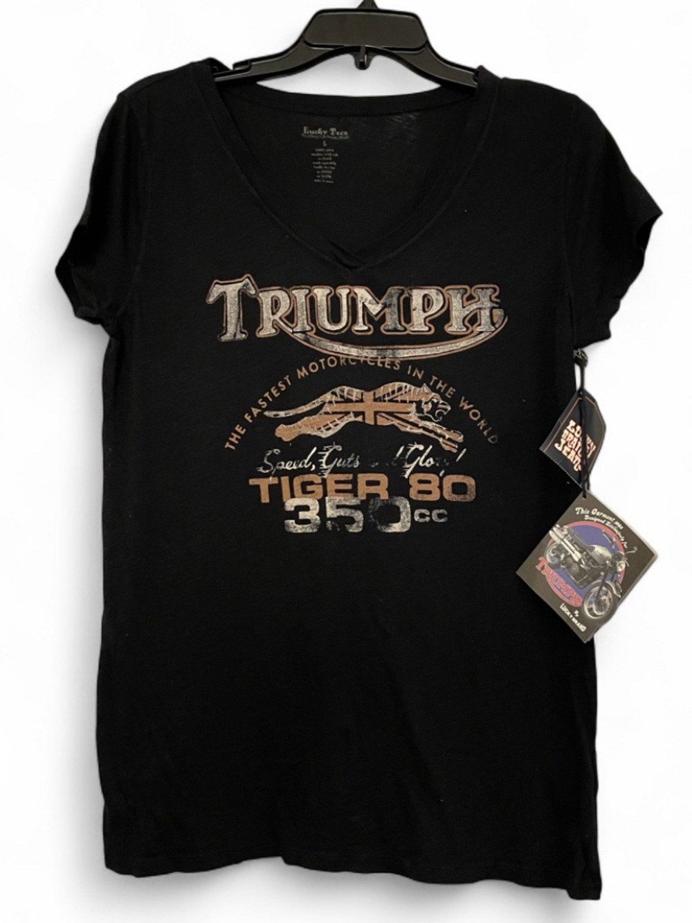 NWT Lucky Brand Black “Triumph” Short Sleeve Vneck Shirt Womens Size Large